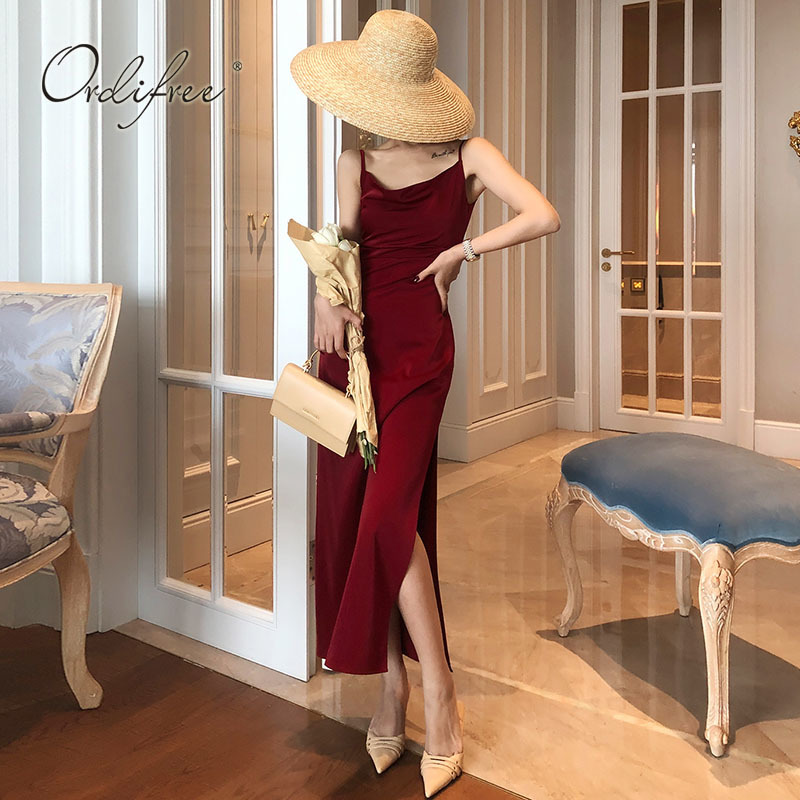 Ordifree Summer Vintage Women Satin Slip Dress Spaghetti Strap Side Slit Black Burgundy Silk Sexy Long Party Dress 210409