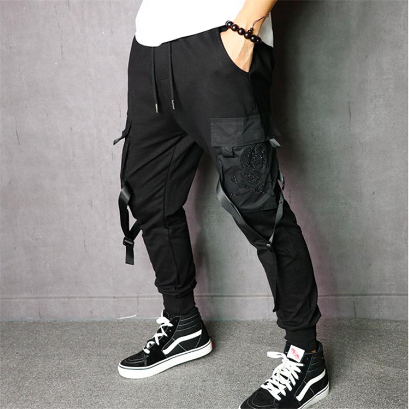 Spring/summer Men's Black Drilling Skulls Overalls Ribbon Leisure Waist Pocket Bundle Foot Support Elastic Slim Pants
