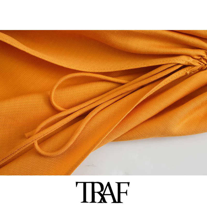 TRAF Women Chic Fashion Draped Detail with Adjustable Tie Midi Dress Vintage Backless Side Zipper Straps Female Dresses 210623