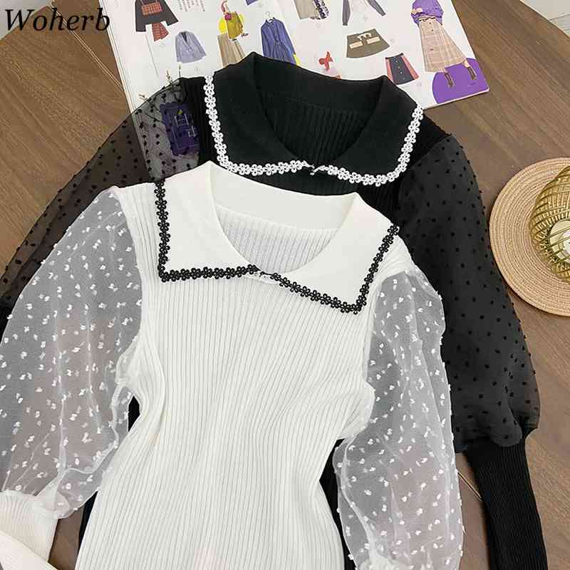 Long Puff Sleeve Ins Tops Women Knitted Stretch Solid Blouse Polka Dot Mesh Casual Shirts Blusas Femininas Elegante 210519