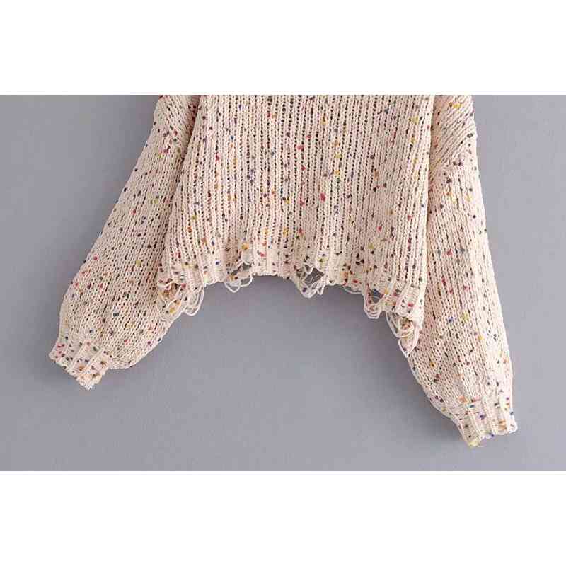 Irregular hollow polka-dot knitted sweater jumps short crop fall winter round neck loose oversized lantern sleeve pullovers tops 210508
