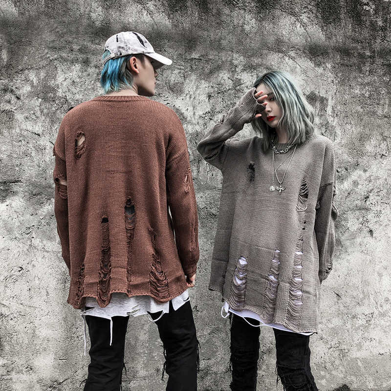 Wash Hole Ripped Knit Sweaters Men Women Streetwear Hip Hop Pullovers Jumper Fashion Oversized All-match Men Winter Clothes 210818