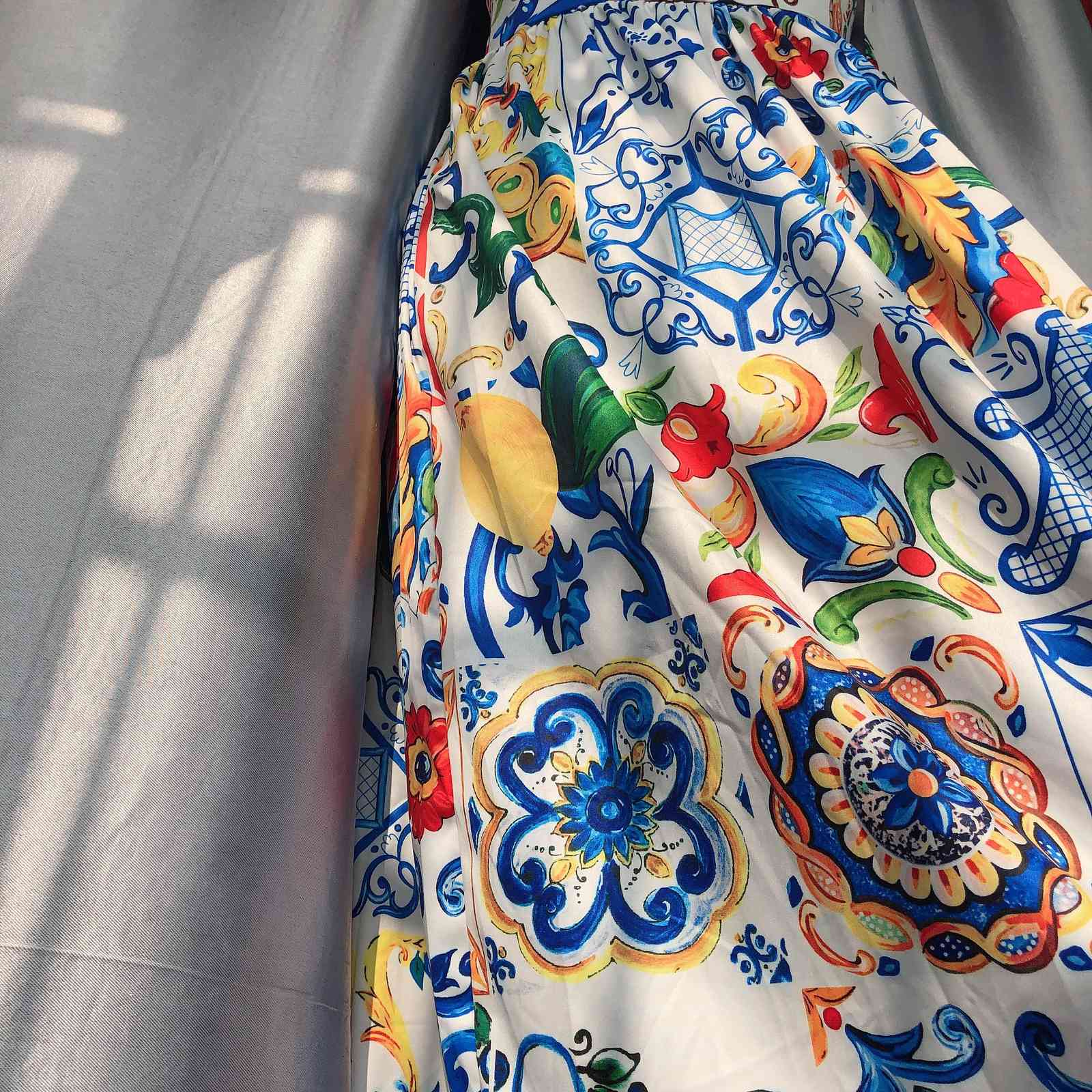Fashion Runway Summer Dress Spaghetti Strap Backless Blue and White Porcelain Floral Print Long 210421