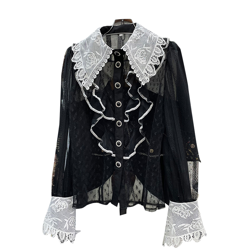 Vintage Patchwork Lace Shirt For Women Lapel Long Sleeve Casual Hit Color Slim Blouse Female Fashion Clothing 210524