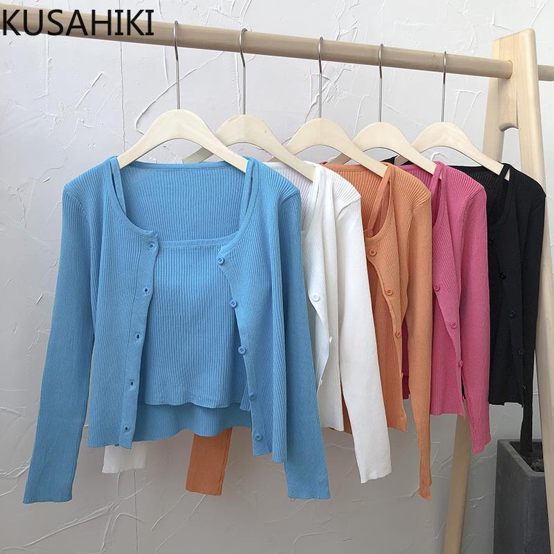Women's Knits & Tees KUSAHIKI Korean Sweet Knitted Two Pieces Cardigan Sets Long Sleeve O-neck Knitwear Coat + Basic Sling Short Vest 2021 6, White
Women's Knits & Tees KUSAHIKI Korean Sweet Knitted Two Pieces Cardigan Sets Long Sleeve O-neck Knitwear Coat + Basic Sling Short Vest 2021 6, White
