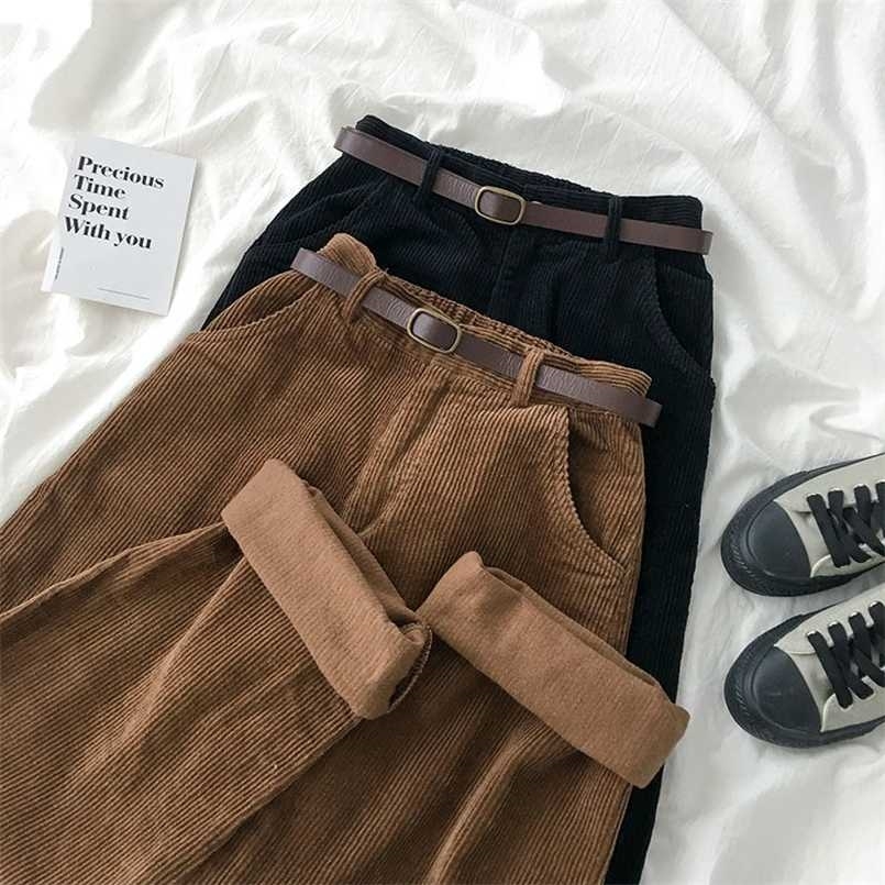High Waist Corduroy Wide Leg Pants Female Vintage Brown Black Straight Trouser Without Belt Women Casual Harajuku Bottoms 211216