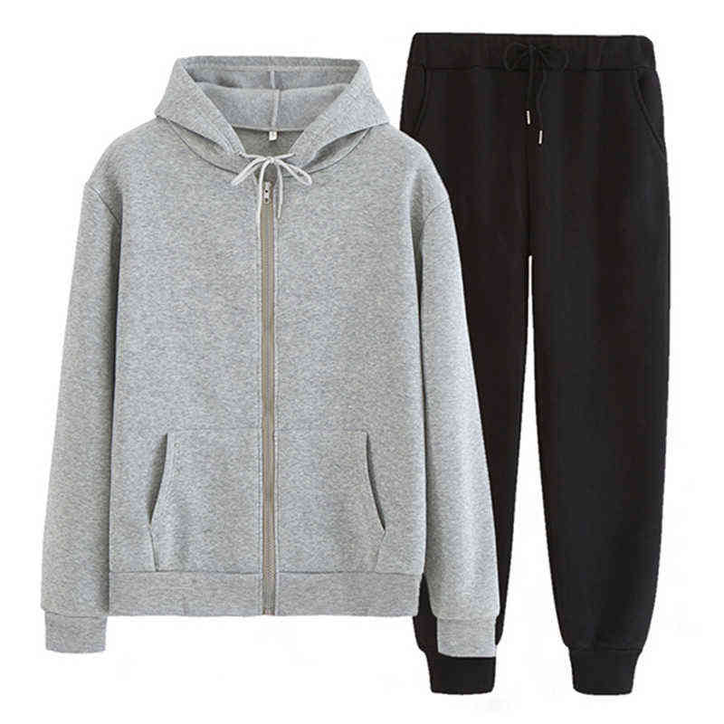 Women Tracksuit Men 2 Pieces Set Autumn Winter Hooded Sweatshirt+Pants Solid Color Zipper Hooded with Pockets Sportswear Outfits 211116