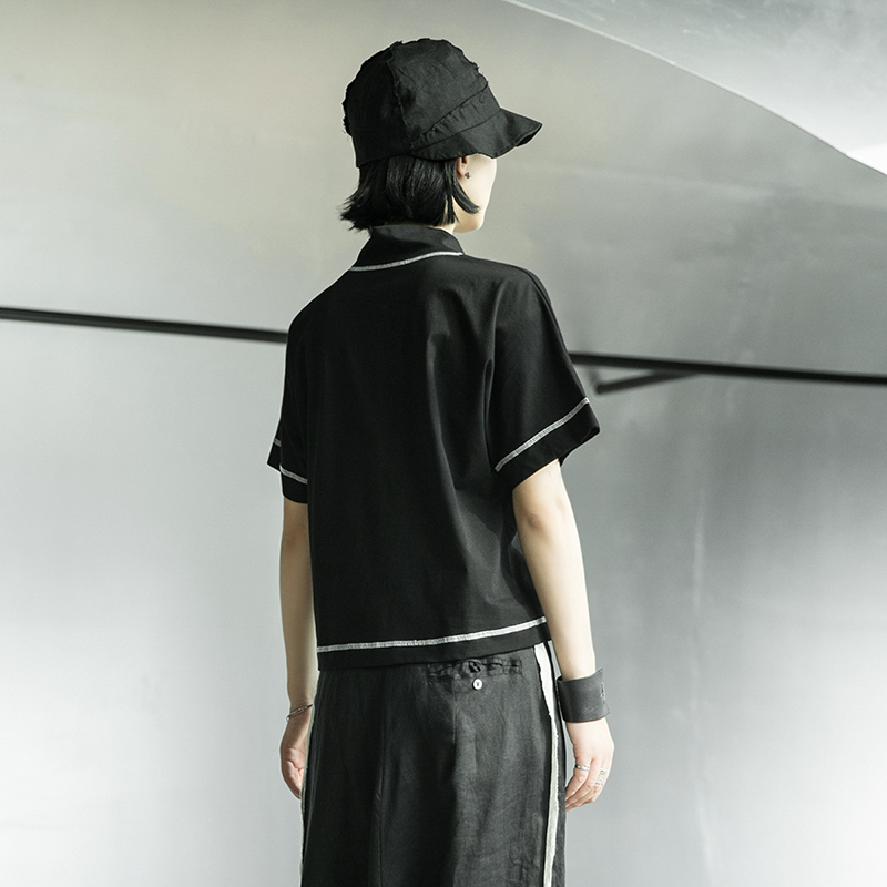 EAM Women Black Line Stitch Irregular Big Size Tshirt Vcollar Short Sleeve Fashion Spring Summer 1X004 210406