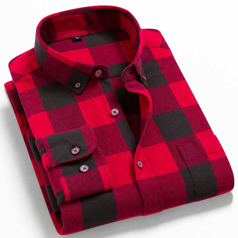Men's Fashion Long Sleeve Brushed Flannel Shirt Single Patch Pocket Comfortable Cotton Casual Slim Fit Plaid Checkered Shirts 210721