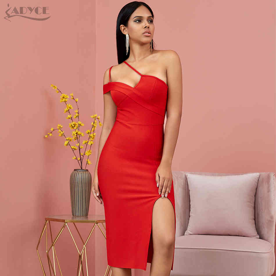 Summer Red One Shoulder Bandage Dress Women Sexy Sleeveless Spaghetti Strap Club Celebrity Runway Party Dresses 210423