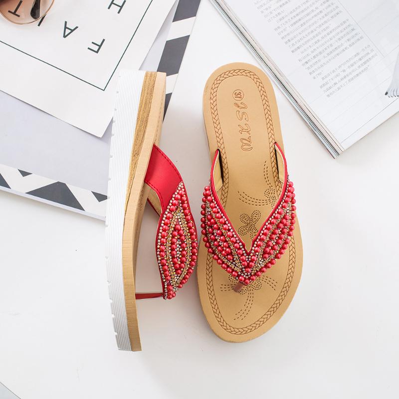 Slippers 36-42 Plus Size Fashion Beading Diamond Platform Beach Shoes Women Summer Flip Flops Flat Sandals A523