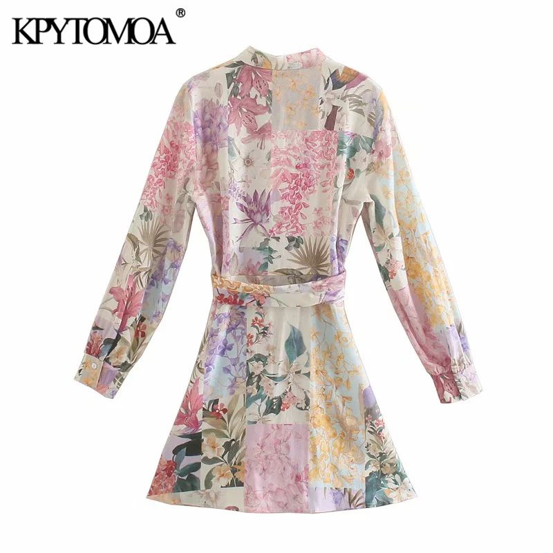 Women Chic Fashion With Belt Floral Print Linen Mini Dress O Neck Long Sleeve Female Dresses Vestidos 210420