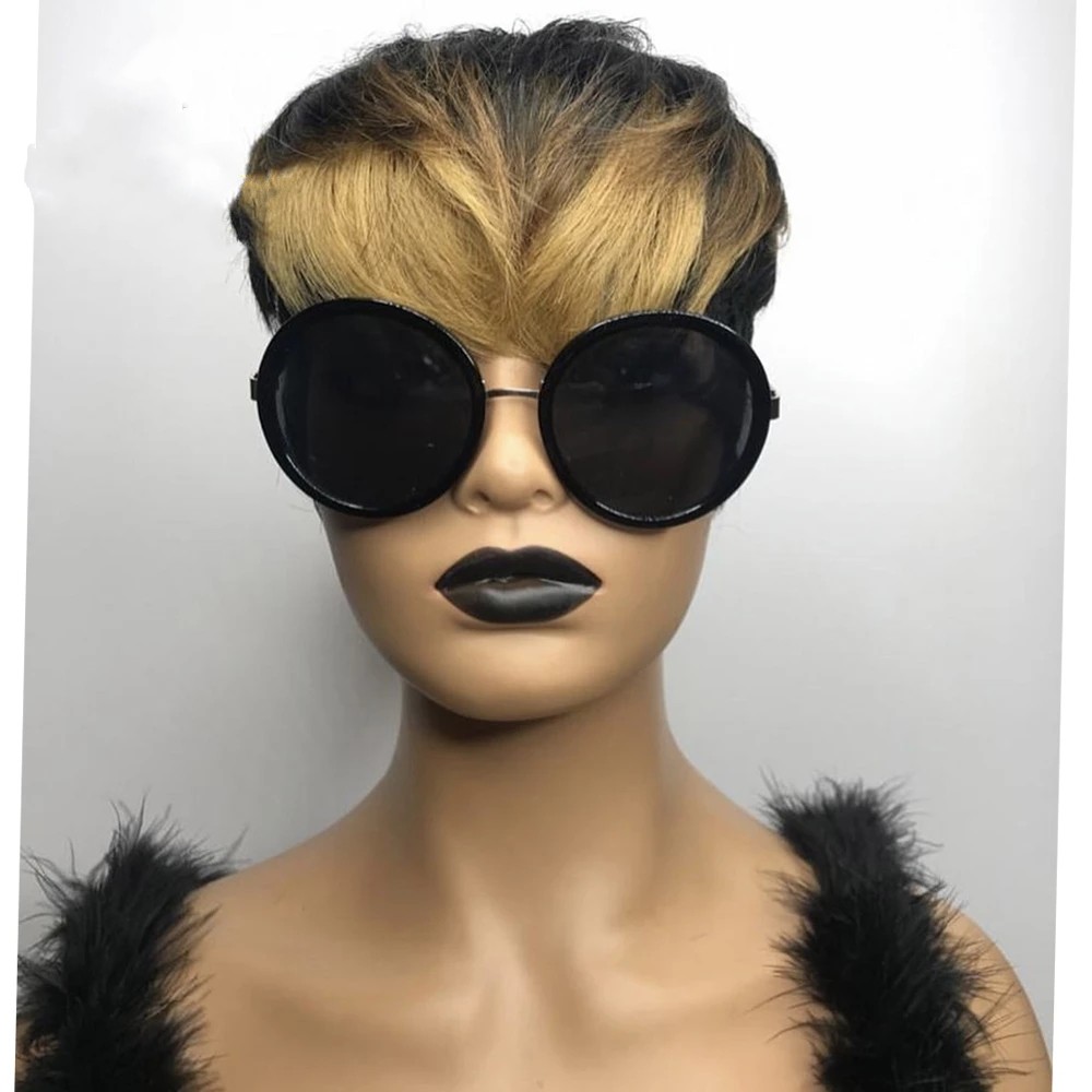Ombre Blonde Pixie Short Cut Bob Wig 150% Density Brazilian Remy Wavy Human Hair No Lace Wigs For Black Women