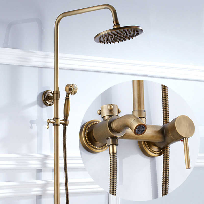 

European Brushed Bronze Antique Shower Set 8 Inch Rainfall For Bath Tub Shower Hand Sprayer Solid Brass Wall Mounted X0705