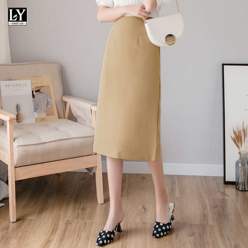 LY VAREY LIN Summer Women OL Style Solid Color Black Split Skirts Casual Slim Fit High Waist Midi Pencil Skirt Female 210526