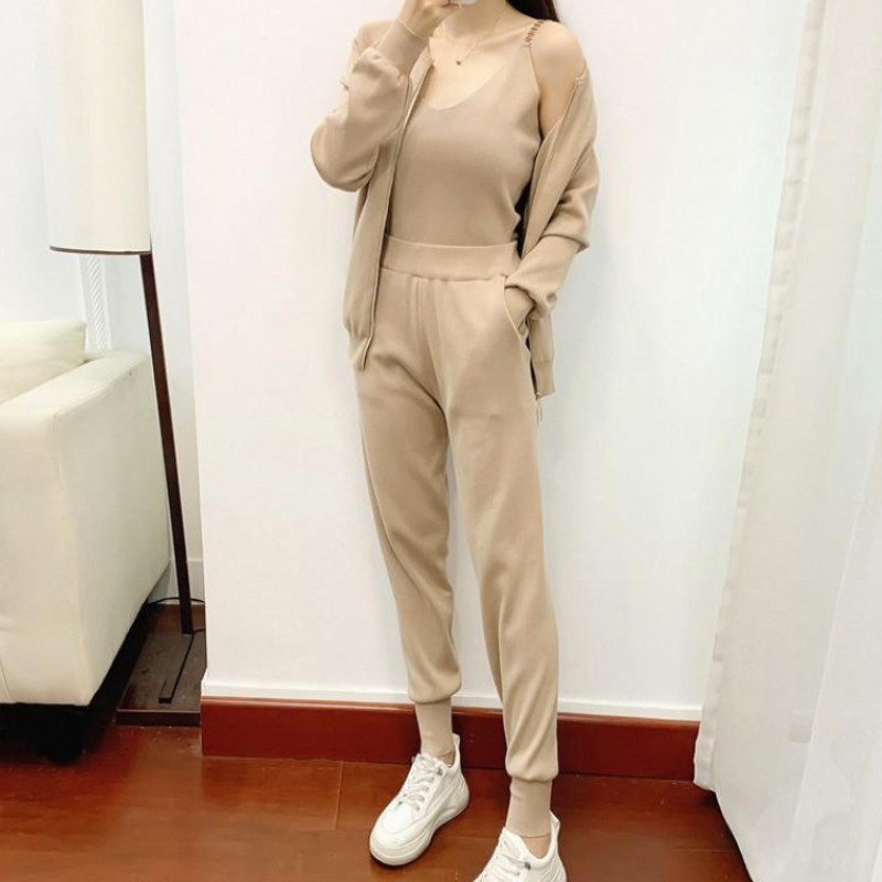 Autumn 3 Piece Suit Knitting Long Sleeve Zip Jacket Cardigans Tank Top Pants Women Fashion Solid Lounge Set Casual Tracksuit 210519