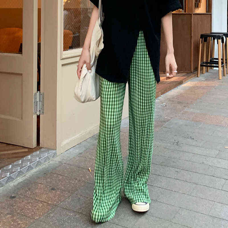 Hzirip Green Plaid Split High Waist Drape Thin Loose Fashion All-Match Women Summer Straight Pleated Casual Mopping Pants 211115