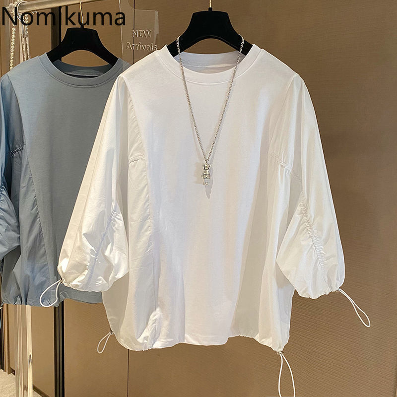 Nomikuma Blouse Women Korean Drawstring 3/4 Sleeve Shirt Causal O-neck Solid Blusas Mujer De Moda Verano Elegantes 6G816 210427