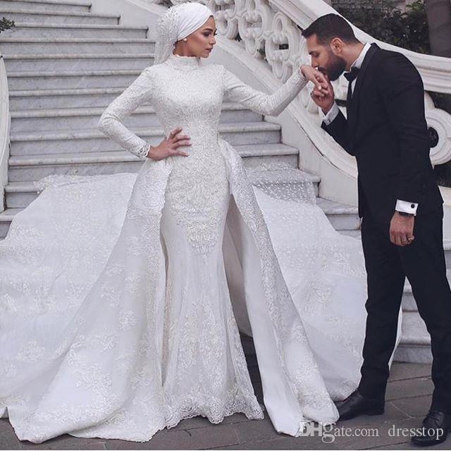 Modest Muslim Mermaid Wedding Dresses with Detachable Train Lace Appliques Overskirt Bridal Gowns Hijab Court Train Vintage Robe