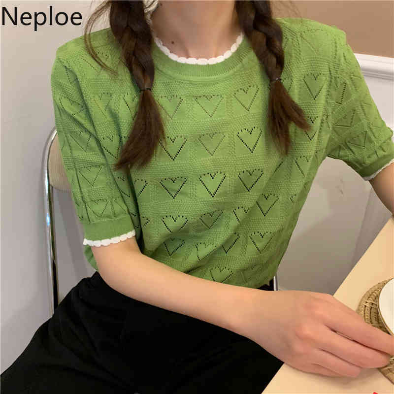 Neploe Women's T-shirts O Neck Short Sleeve Knitted Tops Summer Korean New Loose Solid Pullover Hollow Out Tees Shirt Femme 210422