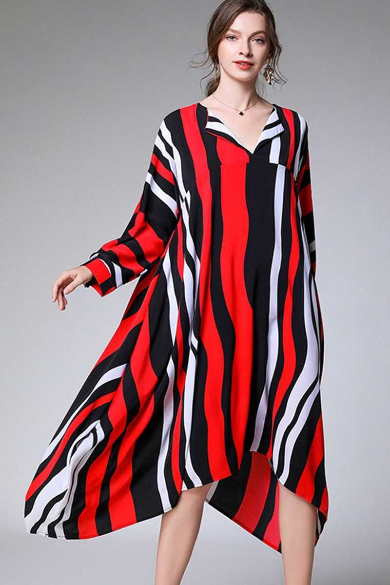 Vintage Striped Print Plus-sized V Neck Batwing Sleeve Women Dress Autumn Loose Art Dresses 210615