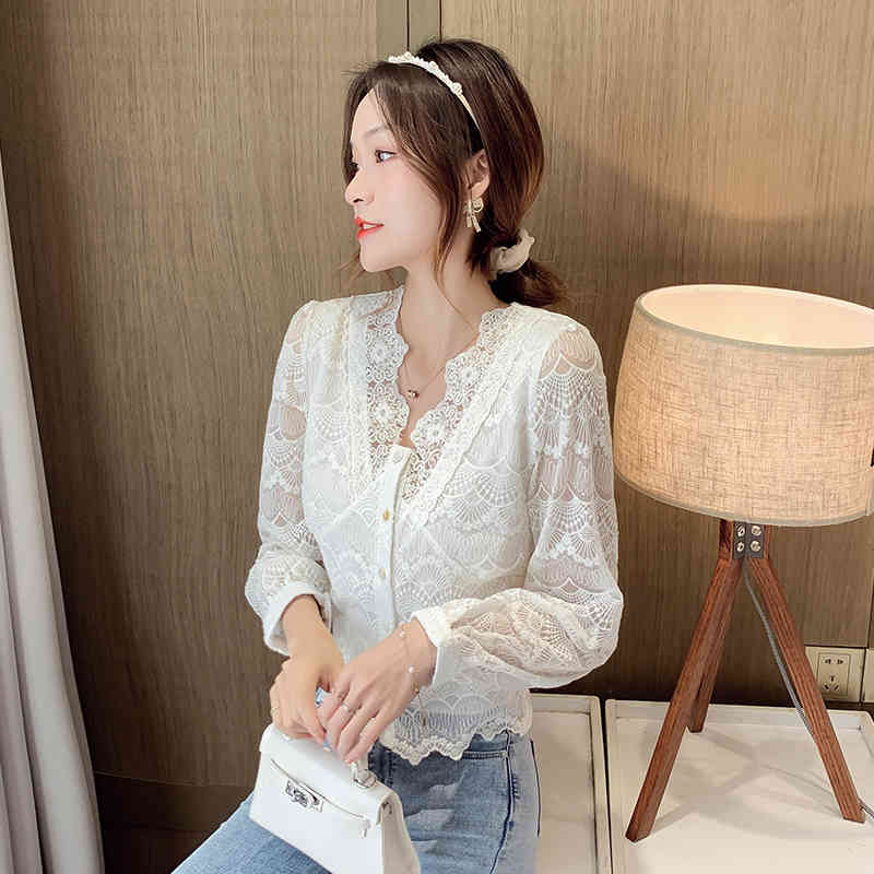 korean fashion clothing Korean version Hollow Flowers Long Sleeve Women Shirt V-Neck Lace Blouse Woman Tops 125 210420