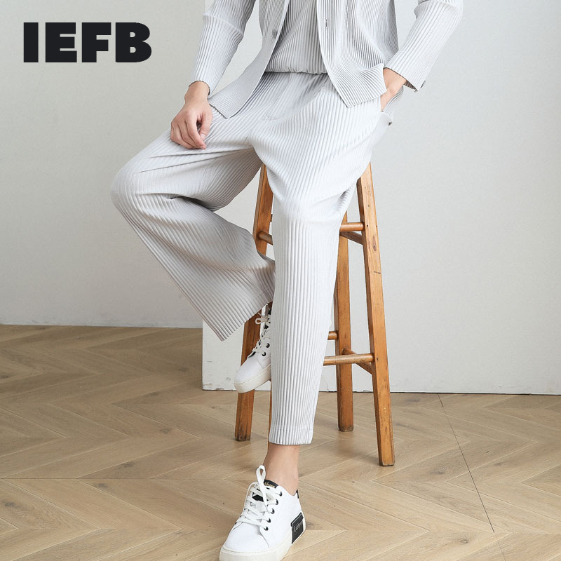 IEFB /men's wear spring pleated casual straight pants trendy loose ankle-length elastic waist fold pants 9Y3843 JF150 210524