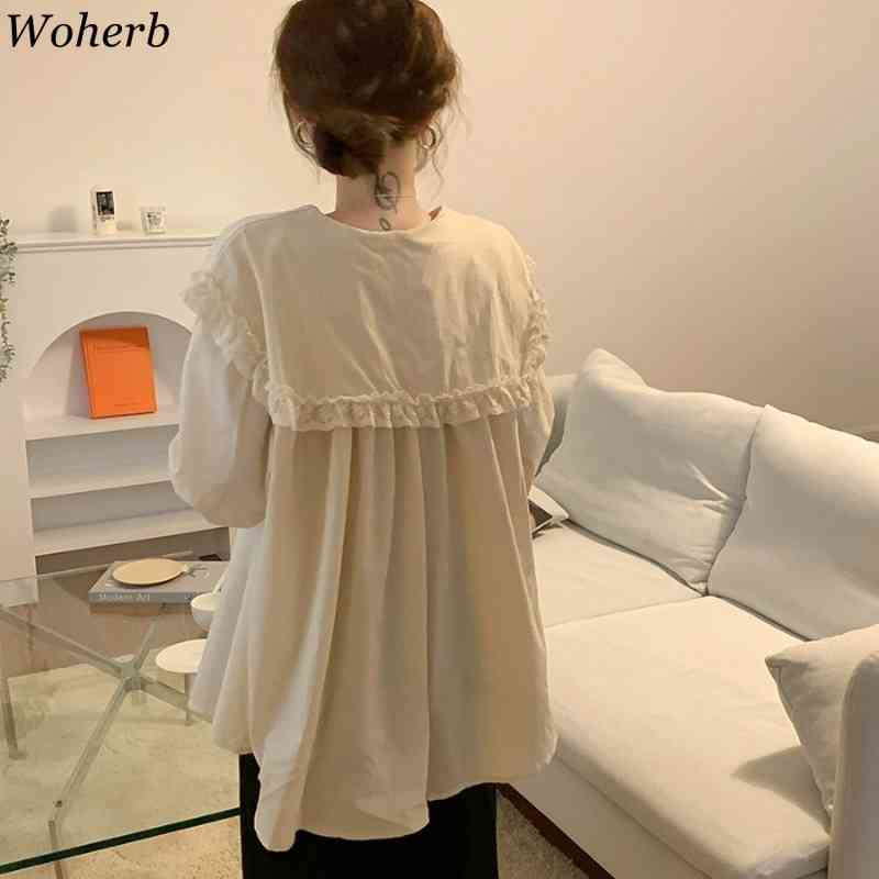 Ruffles Korean Blusas Solid Peter Pan Collar Elegant Vintage Lantern Sleeve Ropa Mujer Fashion Blouses Women Top 210519