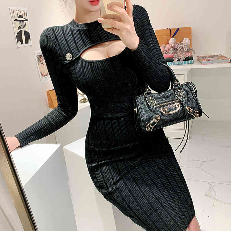 Women Sexy knitting Black Dress Long Sleeve O Neck Hollow Out Knee-Length Party Lady Fashion 210506