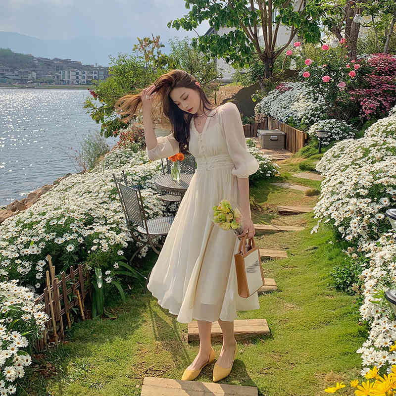 Chic Dress Korean Vintage Midi Dresses Women Casual Short Sleeve Sweet Floral Dress Ladies Elegant Button Summer 210521