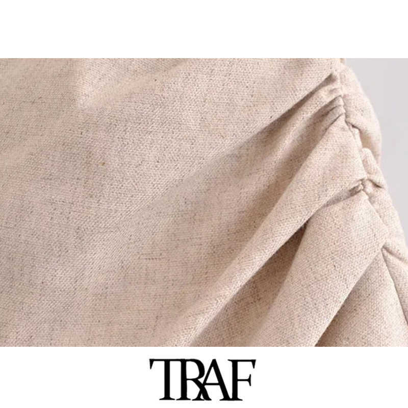 TRAF Women Chic Fashion With Draped Front Slit Linen Midi Skirt Vintage High Waist Back Zipper Female Skirts Mujer 210619