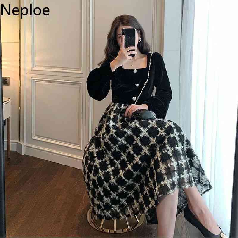 Neploe Women Party Dress Retro Elegant Plaid Dresses High Waist Black Patchwork Long Robe Korean Square Collar Velvet Vestidos 210422