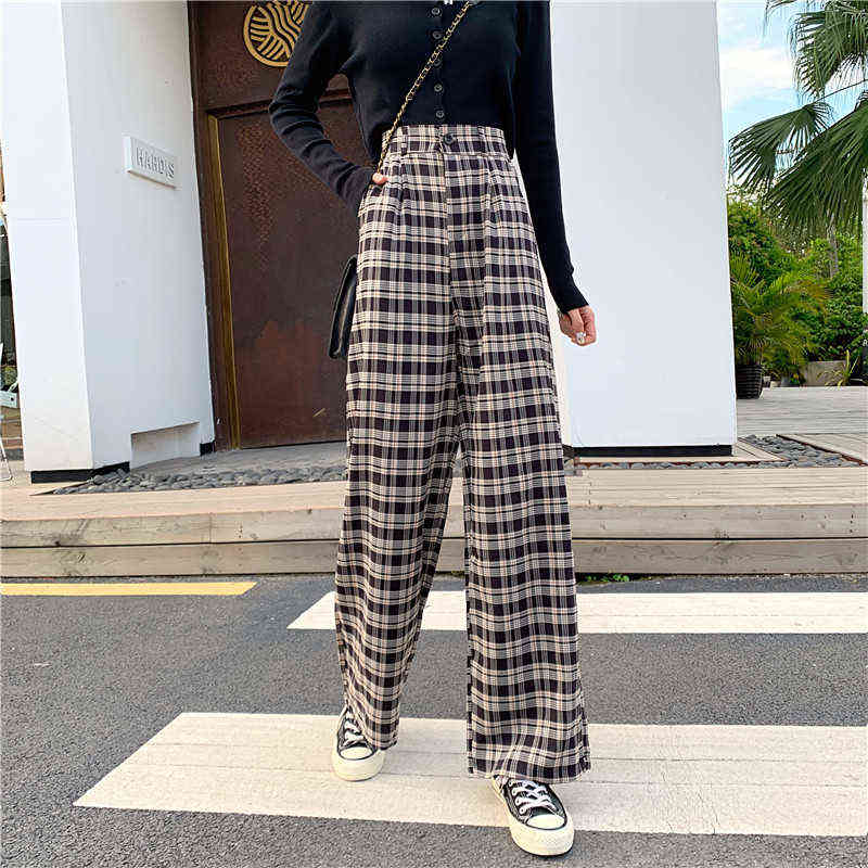 Zoki Plaid Women Pants Elastic High Waist Korean Fashion Plus Size Loose Spring Ladies Full Straight Casual Trousers S-4XL 211115