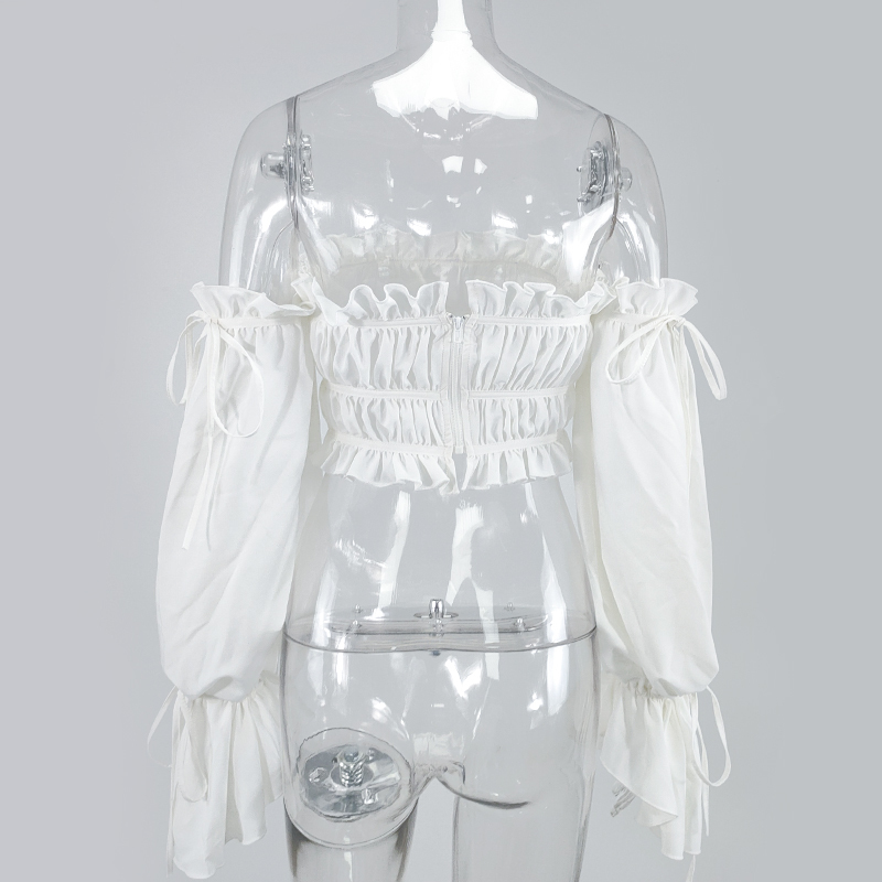 NewAsia Sexy Off Shoulder Women Blouses White Ruffles Long Sleeve Summer Tops Sweet Chic Lace Up Plus Size Short Blusa New 210413