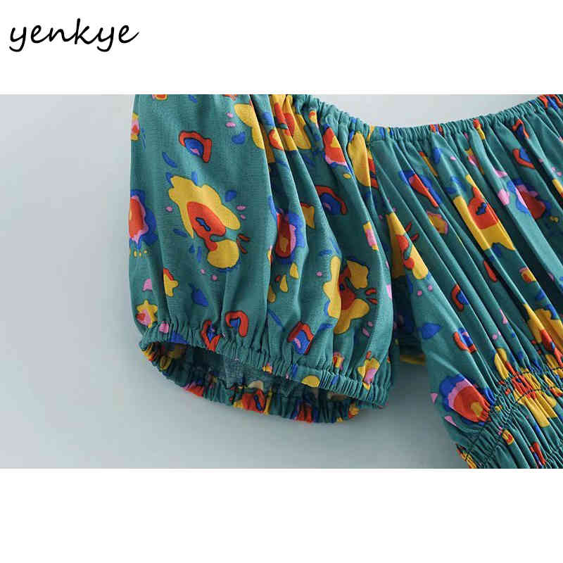 YENKYE Holiday Summer Dress Women Sexy Square Neck Short Sleeve Elastic Waist A-line Casual Dress Vintage Green Print Robe 210515