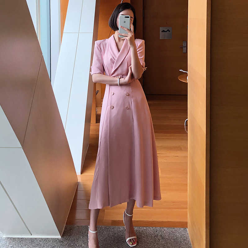 Korejpaa Women Dress Korean Fashion Chic Summer Elegant Solid Color Light-cut Wind Lapel Double-skirted Vestido with Belt 210526
