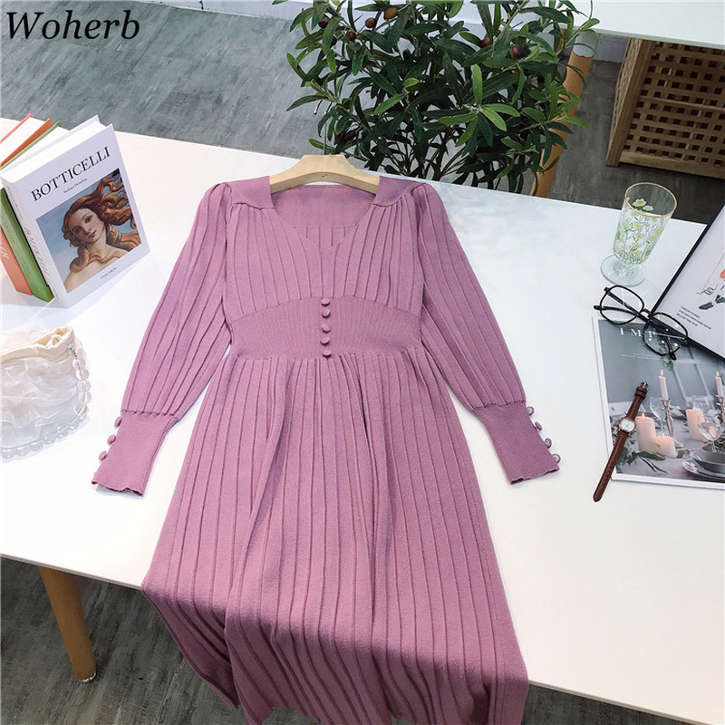 Vintage Pleated Dress Women Fall Clothes Long Robe V-neck Slim Knitted Sweater Dresses High Waist Elegant Woman Vestidos 210519