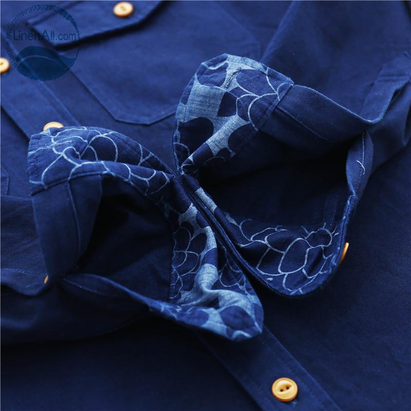LinenAll Men's Blue Dye IndigoHood Plant Thick Bandana Fruit Buckle Shirt Coat Male" Casual Shirts