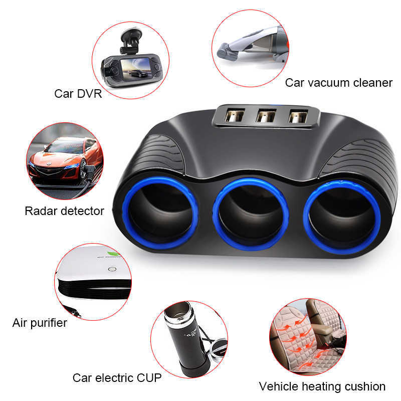 3 Ways Auto Sockets Car Cigarette Lighter Adapter Lighter Splitter Lighter 5V 3.1A Output Power 3 USB Car Charger 12V/24V