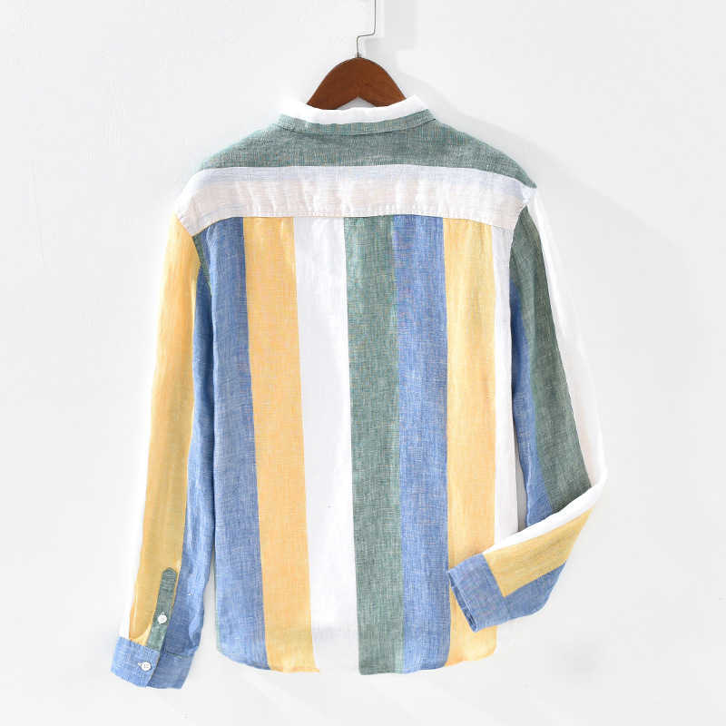 Long Sleeve Shirts for Men 100% Pure Linen Casual Fashion Vertical Striped Tops Male Turn-down Collar Hemp Shirt 210601
