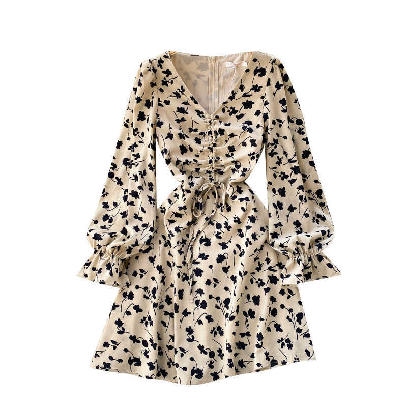 Women Fashion Ins V Collar Long Sleeve Draw Rope Pleated Slim Flower Print A-line Dress Vestidos De Mujer R942 210527