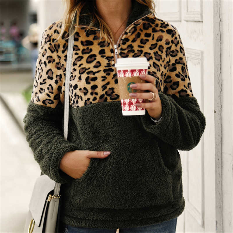 Leopard Patchwork Fleece Sweater: Fluffy Warm Sherpa Pullover Winter Coat