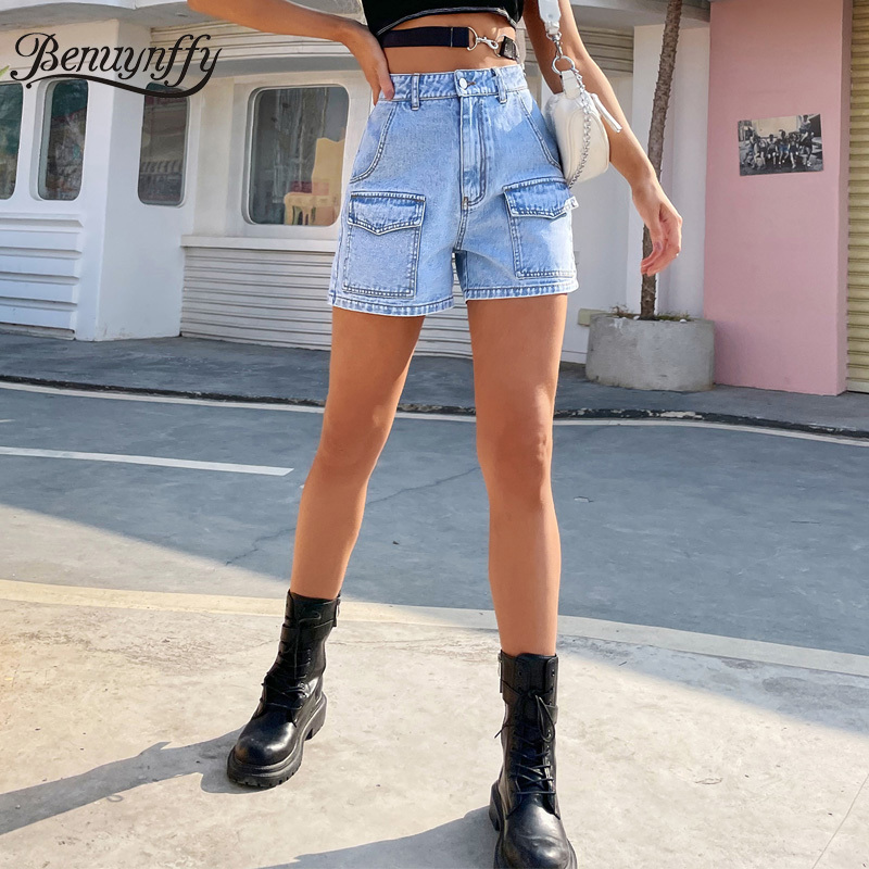 Flap Pocket Button Fly Denim Shorts Women Summer Fashion Streetwear Ladies High Waist Casual Straight Jean 210510