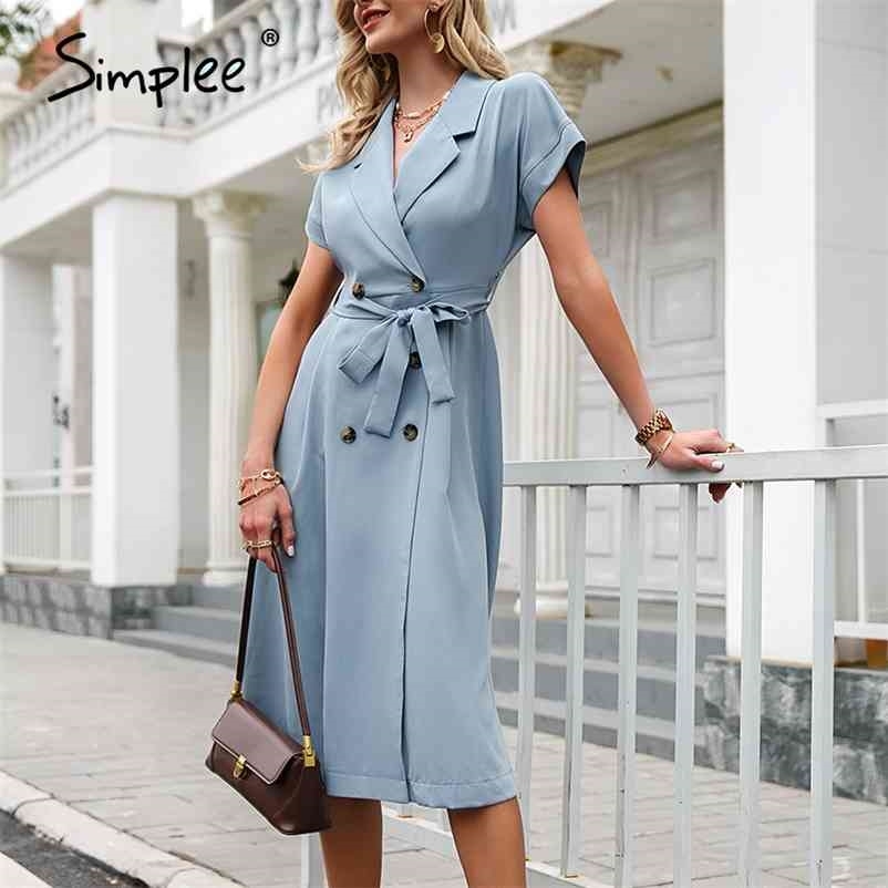 Simplee Summer blue office high waist belt ladies dress Chic elegant aline women dress Bat short sleeve Casual female dress 210409