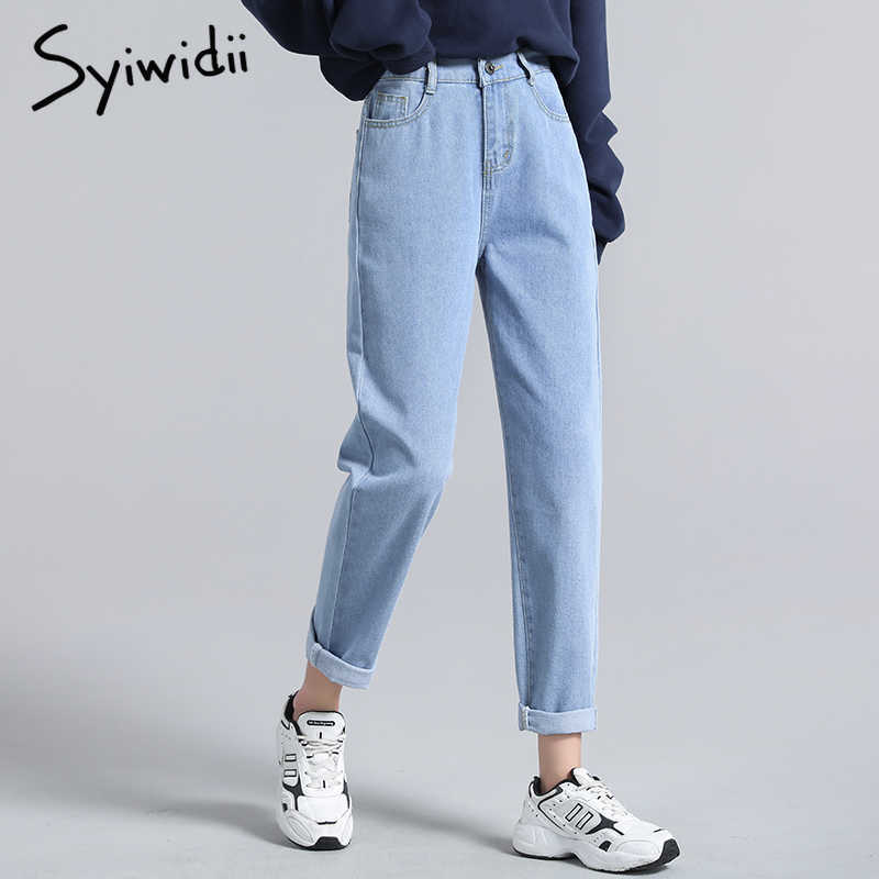 syiwidii blue jeans women elastic waist denim pants black beige Vintage Washed high mom fashion 210922