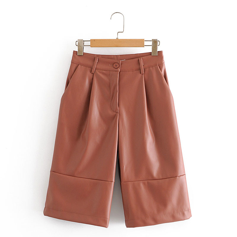 Simple PU Lapel Pocket Long Sleeve Single Breasted Windproof Fashion Chic Women's Jacket High Waist Sweet Female Pants Suit 210507