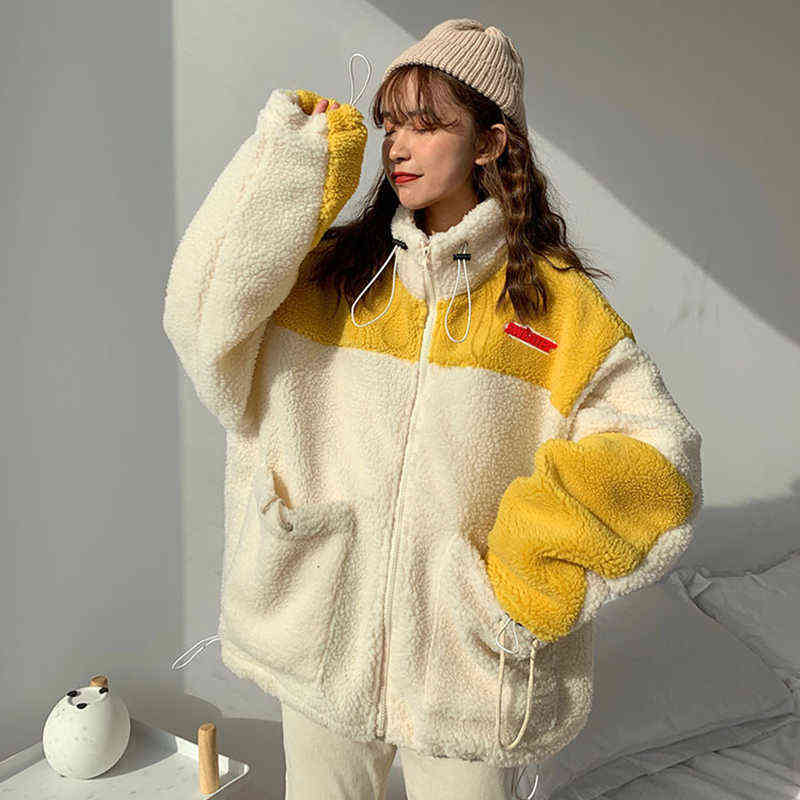 Women Hoodies thick fleece Hoodies zip-up patchwork cute Autumn Winter girls Loose coat 211109
