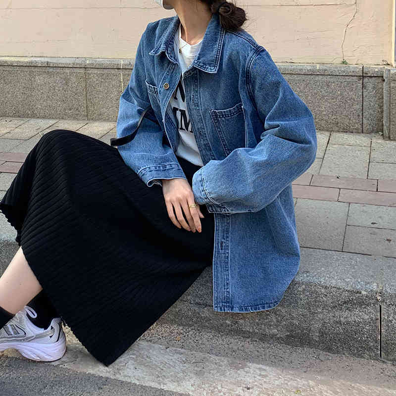 SML Vintage Denim Shirt Women Korean Long Sleeve Single Breasted Basic Jeans Blouse Pocket Femme (78627 210423