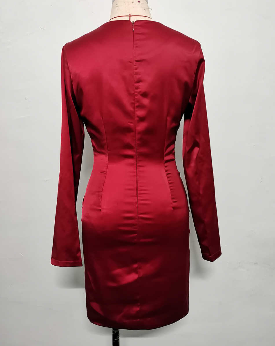 Summer Fashion Burgundy Black Deep V Neck Long Sleeve Bodycon Lady Draped Mini Dress Sexy Club Wear 210525