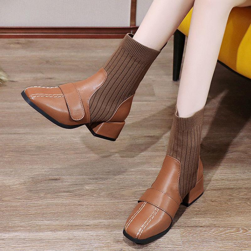 

Dress Shoes Boots Women's Autumn Single British Style 2021 Short Show Feet Small Thin Socks Boots., Black with plush